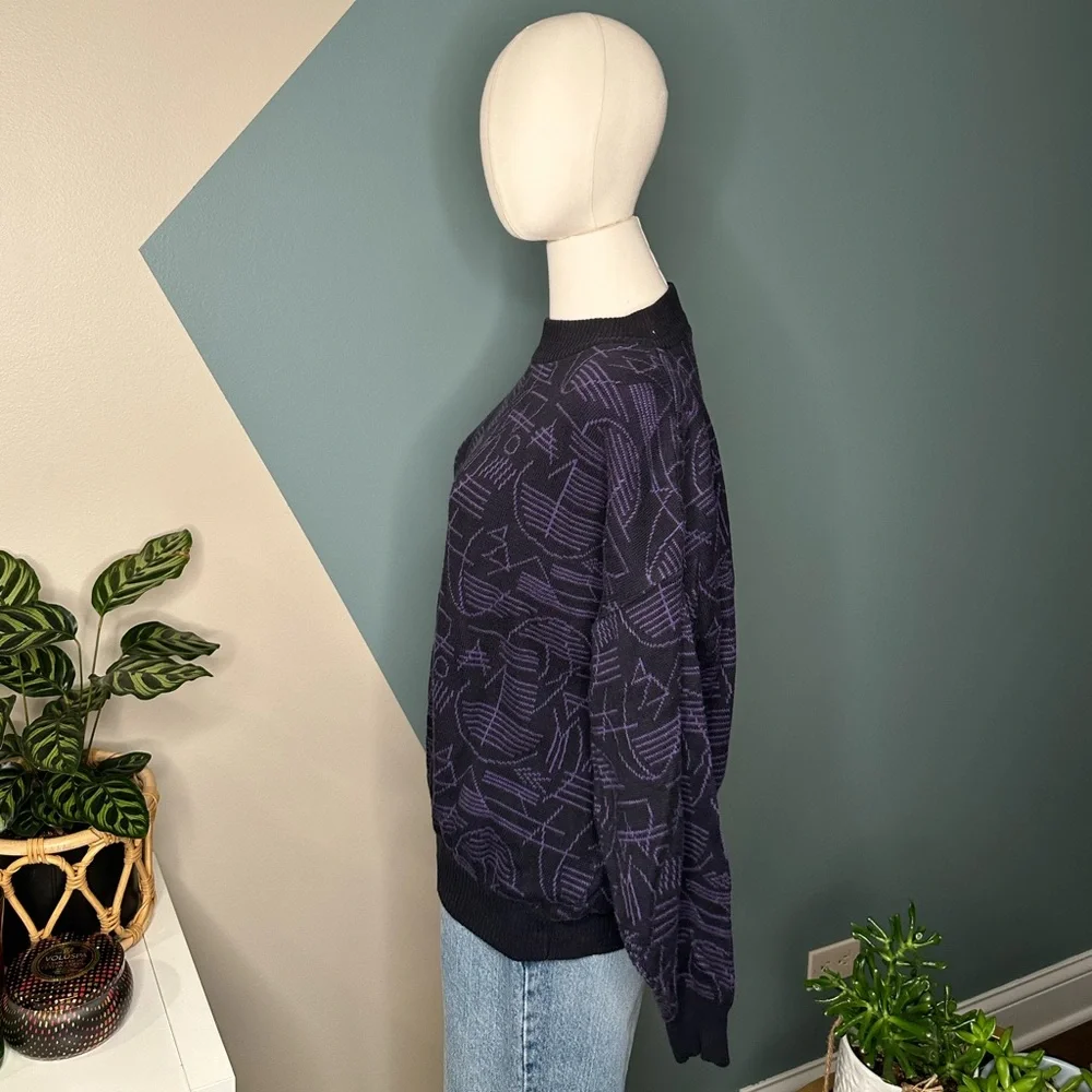 Vintage Mondo di Marco Geometric Sweater Purple Black Bold Knit L/52 Italy - Picture 3 of 9